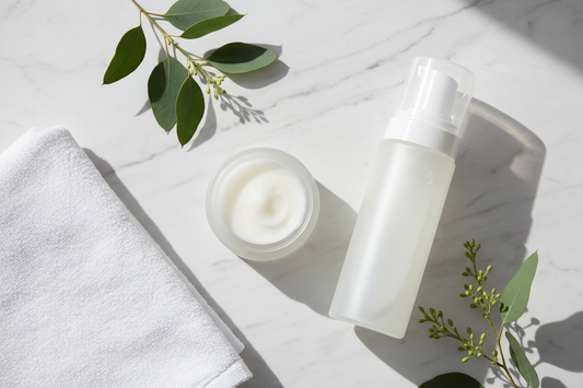  Cleansing balm jar and foaming cleanser bottle side by side on white marble with a soft towel — Korean double cleansing method guide