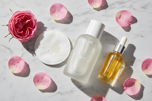 Korean toner bottle beside a cotton pad, rose petals, and a glass dropper on white marble — Korean toner guide for glass skin