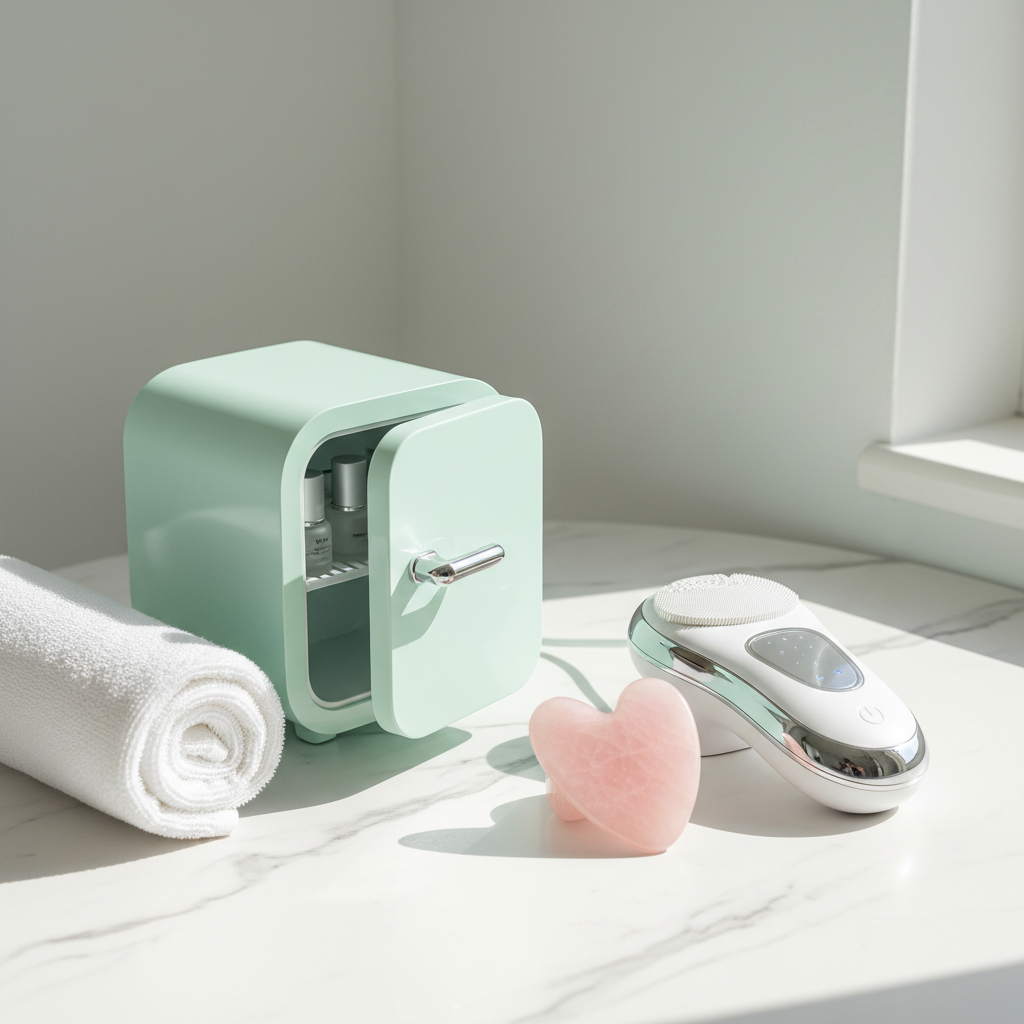 Skincare tools flat lay — rose quartz gua sha, facial cleansing and light therapy device, and mini skincare fridge on white marble